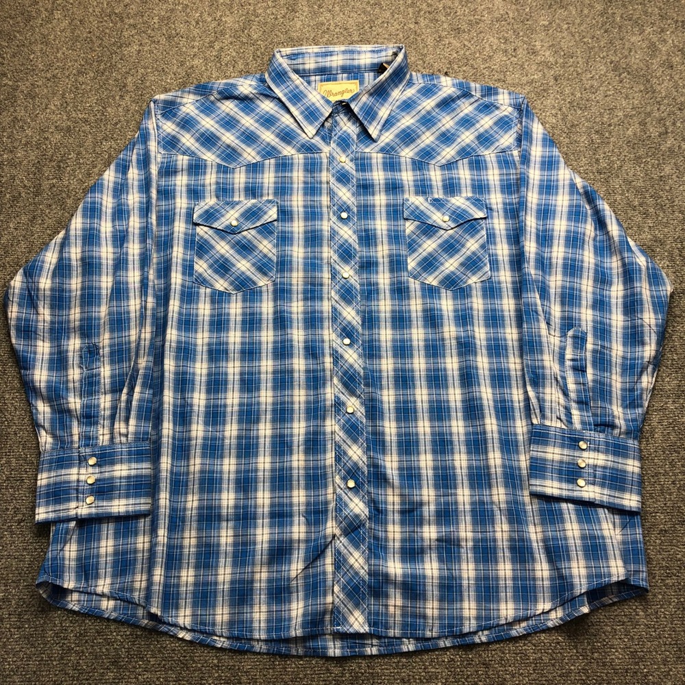 Wrangler Mens Blue White Plaid Long Sleeve Western Snap Front Shirt 3XL